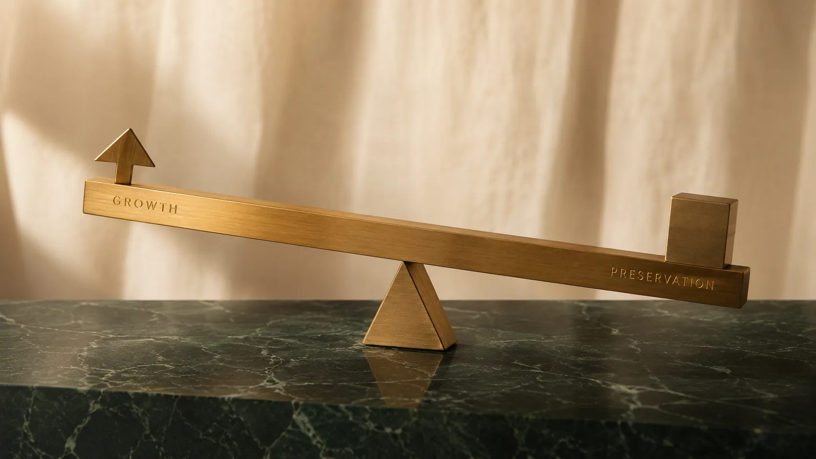 Brass balance tilted slightly toward preservation — growth and capital protection in equilibrium